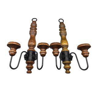Vtg 70s 2 Double Wooden Wall Candle Holders Sconce Metal Decor 17"‎